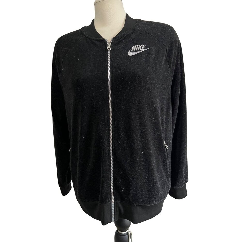 Nike Black Velvet Zip Front Windbreaker Jacket Sz XL Womens 3/4 Sleeve